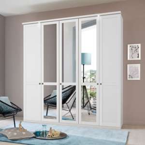 New Tork Tall Mirrored Wardrobe In White With 5 Doors
