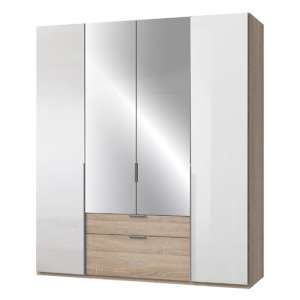 New Xork 4 Doors Mirrored Wardrobe In High Gloss White And Oak