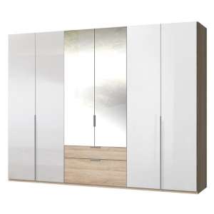 New Xork 6 Doors Mirrored Wardrobe In High Gloss White And Oak