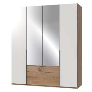 New York Mirrored 4 Doors Wardrobe In White And Planked Oak