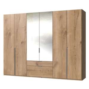 New York Mirrored 6 Doors Wardrobe In Planked Oak