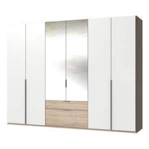 New York Mirrored 6 Doors Wardrobe In White And Oak