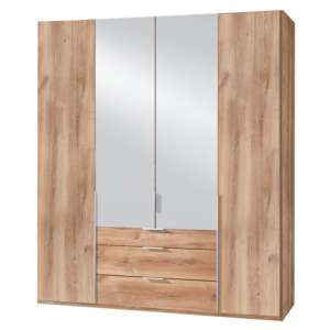 New York Tall Mirrored 4 Doors Wardrobe In Planked Oak