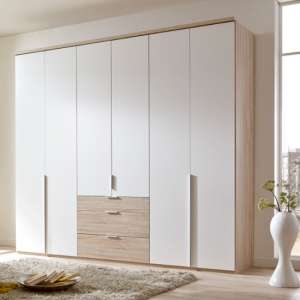 New York Tall Wooden 6 Doors Wardrobe In White And Oak