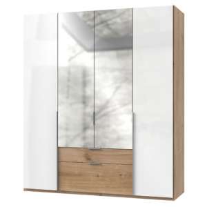 New Zork Mirrored 4 Door Wardrobe In Gloss White And Planked Oak