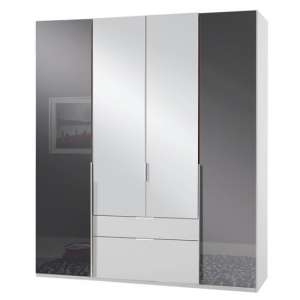 New Zork Mirrored 4 Doors Wardrobe In Gloss Grey And White