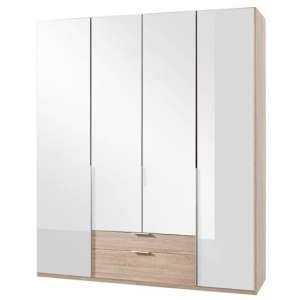 New Zork Mirrored 4 Doors Wardrobe In Gloss White And Oak