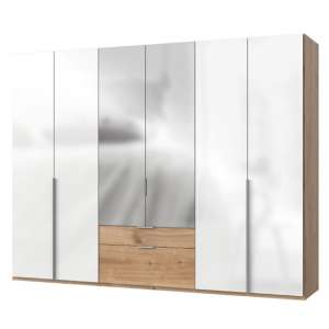 New Zork Mirrored 6 Door Wardrobe In Gloss White And Planked Oak