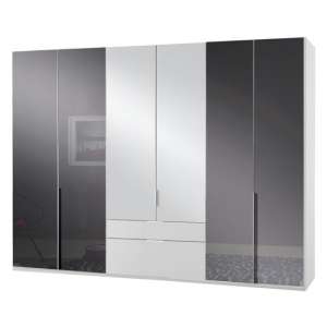 New Zork Mirrored 6 Doors Wardrobe In Gloss Grey And White
