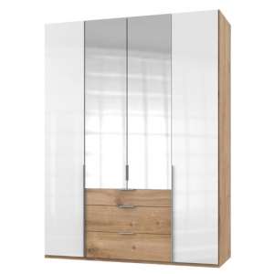 New Zork Tall 4 Doors Wardrobe In Gloss White And Planked Oak