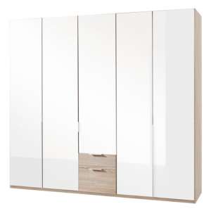 New Zork Wooden 5 Doors Wardrobe In Gloss White And Oak