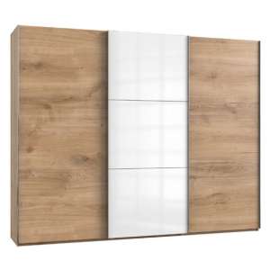 Noyd Mirrored Sliding Wardrobe In White And Planked Oak 3 Doors