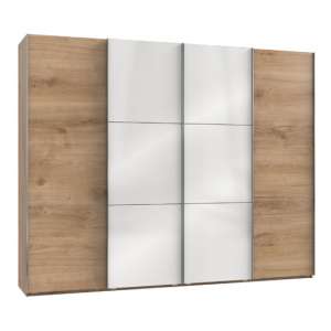 Noyd Mirrored Sliding Wardrobe In White And Planked Oak 4 Doors