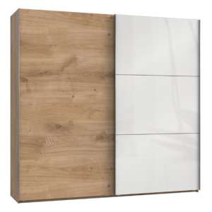 Noyd Mirrored Sliding Wide Wardrobe In White And Planked Oak