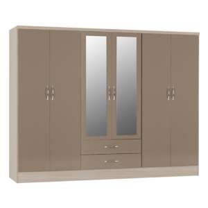 Noir Gloss 6 Door 2 Drawer Wardrobe In Oyster And Light Oak