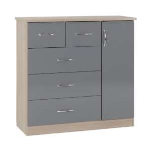 Noir 5 Drawers Sideboard In Grey High Gloss And Light Oak