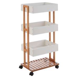 Nusakan Wooden 4 Tier Storage Trolley In White And Natural