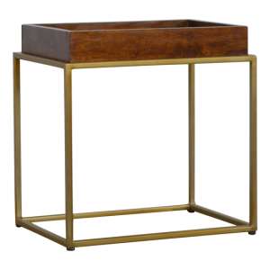 Nutty Wooden Butler Tray Side Table In Chestnut With Gold Base