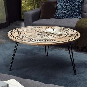 Nyala Round Wooden Coffee Table In Natural With Compass Motif