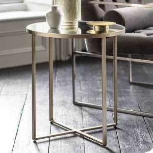 Oconto Silver Glass Side Table In Brushed Nickel Metal Frame