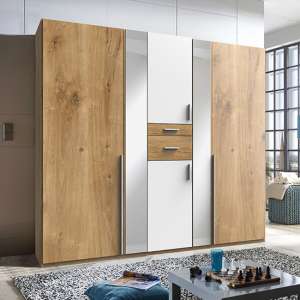 Odessa Mirrored Wooden Wardrobe In Planked Oak And White