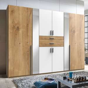 Odessa Mirrored Wooden Wide Wardrobe In Planked Oak And White