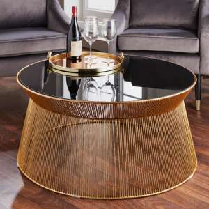 Ogden Curve Black Glass Top Coffee Table With Gold Wire Base