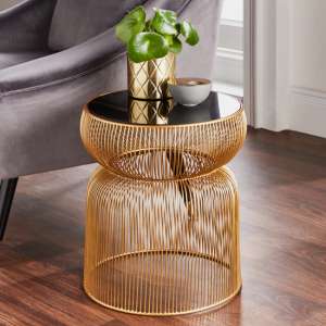 Ogden Curve Black Glass Top Side Table With Gold Wire Base