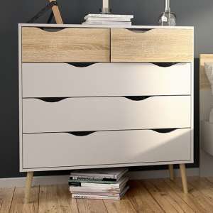 Oklo Wooden Chest Of 5 Drawers In White And Oak