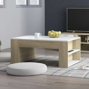 Olicia Wooden Coffee Table With Shelves In White And Sonoma Oak