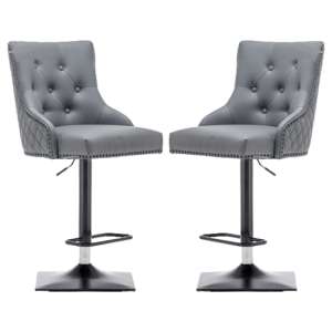 Opelika Lion Knocker Grey Faux Leather Bar Chairs In Pair