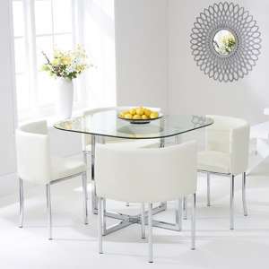 Ophiuchus Glass Dining Table In Clear With 4 Cream Chairs