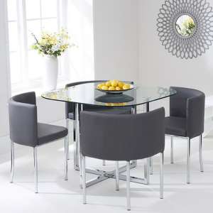 Ordell Glass Dining Table In Clear With 4 Grey Chairs