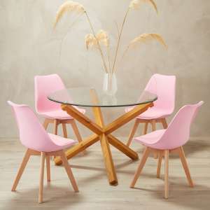 Onich Medium Glass Dining Table With 4 Louvre Pink Chairs