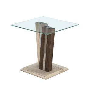 Oreo Glass End Table In Clear With Light And Dark Wood Base