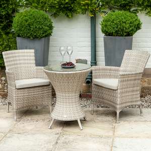 Ottery 600mm Glass Bistro Table With 2 Wave Armchairs In Pearl