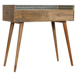 Ouzel Wooden Console Table In Bone Inlay Gallery Back And Oak