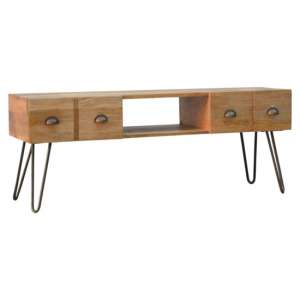 Ouzel Wooden TV Stand In Oak Ish With Iron Base