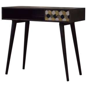 Ouzo Wooden Study Desk In Ash Black With Stone Carving Drawer