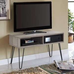 Ower Wooden Retro TV Stand In Distressed Grey Oak