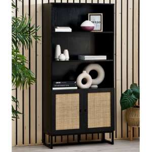 Pabla Wooden Tall Bookcase With 2 Doors 2 Shelves In Black