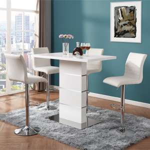 Parini High Gloss Bar Table In White With 4 Ripple White Stools