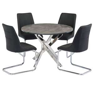 Paroz Round Wooden Dining Table 4 Lanlos Grey Leather Chairs