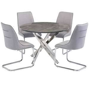 Paris Round Wooden Dining Table 4 Langham Grey Fabric Chairs