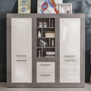 Parker Highboard In Concrete And White High Gloss With 4 Doors
