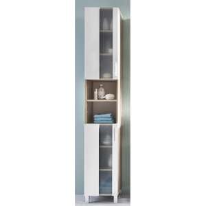Perco Tall Bathroom Storage Cabinet In White And Sagerau Oak