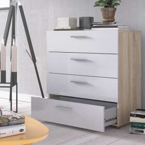 Perkin Wooden Chest Of Drawers In Oak And White Gloss 4 Drawers