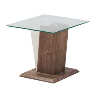 Vetros Glass End Table With Two Tone Wooden Base