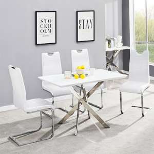 Petra Small White Glass Dining Table With 4 Petra White Chairs