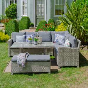 Pevant Outdoor Rectangular Dining Set With Stool In Fossil Grey
